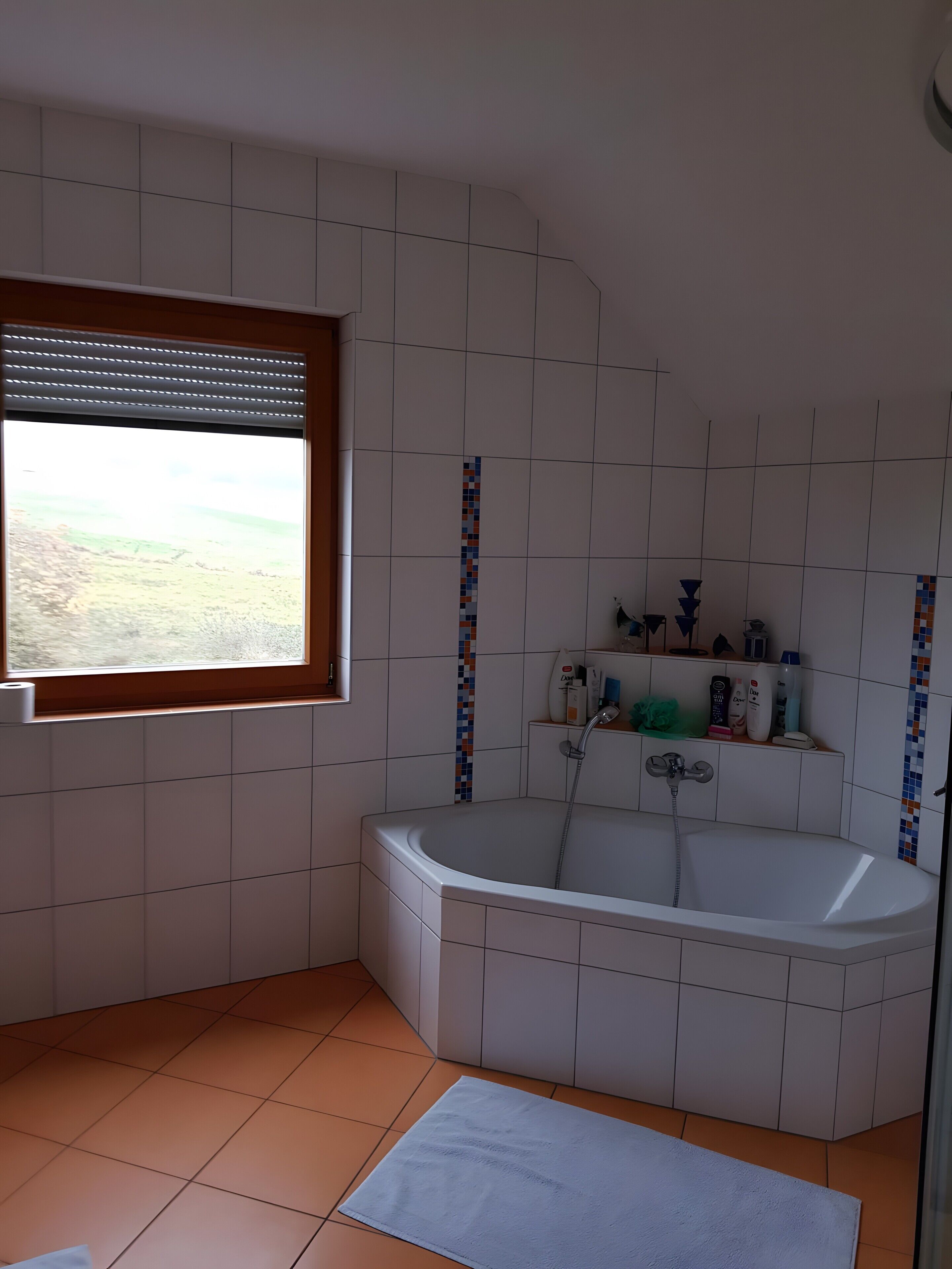 Un baño con bañera, ventana y estante con artículos de aseo.