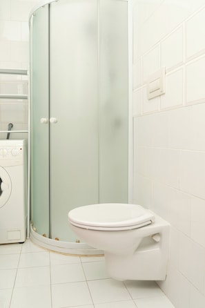 Hair dryer, towels, soap, toilet paper