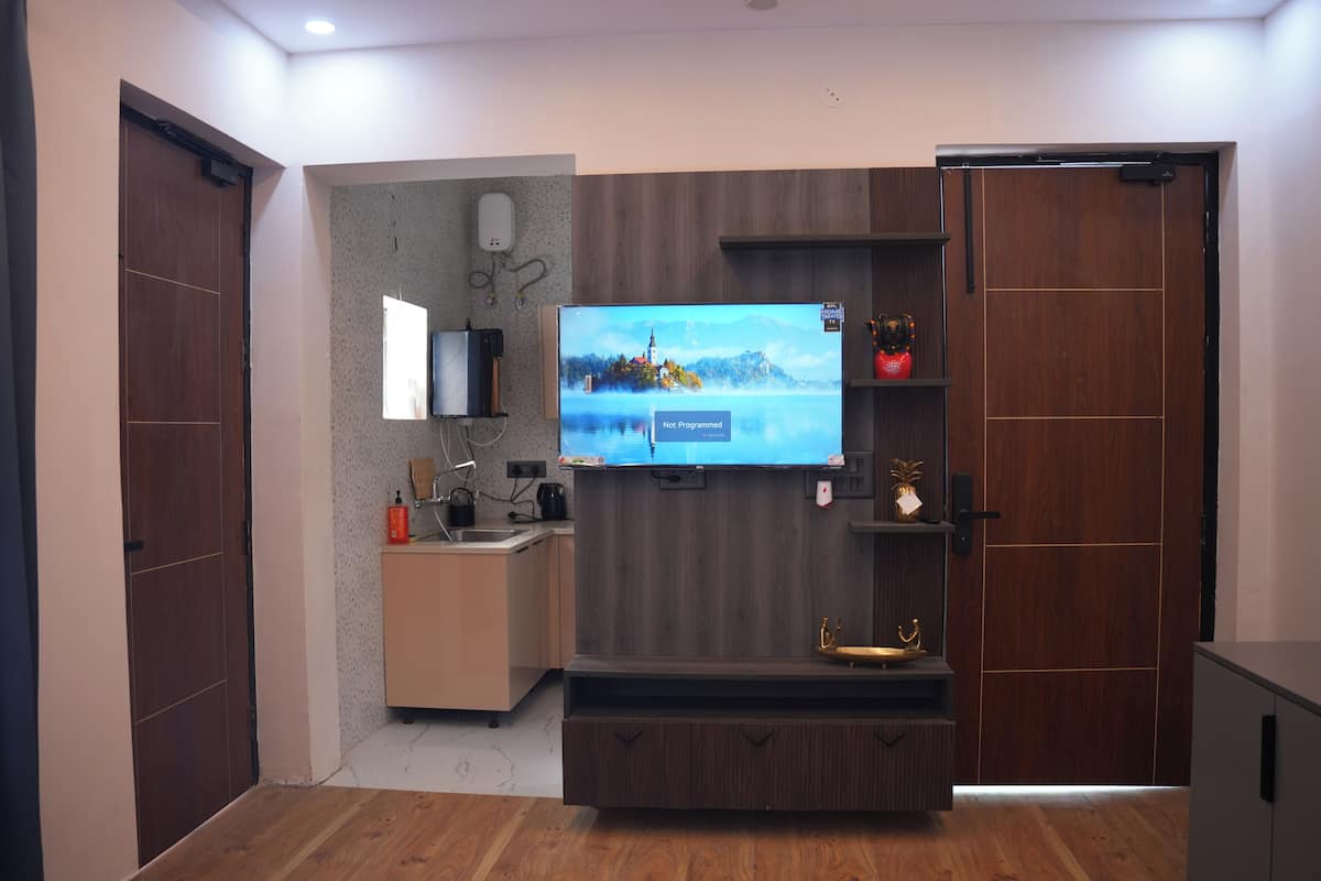 A modern living room with a flat-screen TV mounted on a wooden wall, a built-in kitchen area with a sink and countertop, and a wooden floor.