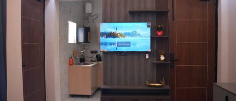 A modern living room with a flat-screen TV mounted on a wooden wall, a built-in kitchen area with a sink and countertop, and a wooden floor.