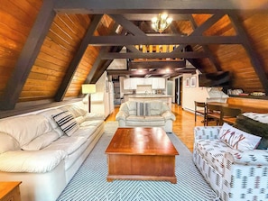 TV, fireplace, DVD player, foosball