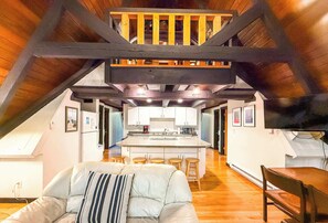 Télévision, cheminée, lecteur de DVD, espaces bureaux