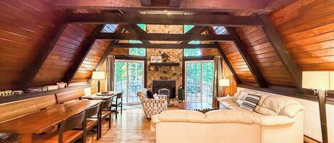 Télévision, cheminée, lecteur de DVD, espaces bureaux