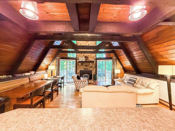 Télévision, cheminée, lecteur de DVD, espaces bureaux