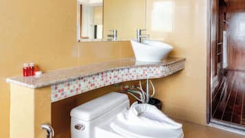 Hair dryer, bidet, towels, soap
