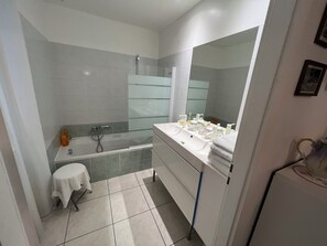 Hair dryer, towels, soap, toilet paper