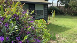 A modern house with a dark roof and large windows, surrounded by a well-maintained lawn and dense shrubbery with purple flowers. - Family Beach House. Pet friendly. 5 minute walk to the longest beach in Aus! (Woodside Beach)