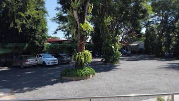 A parking lot with several cars, a large tree, and a building with a red roof in the background.