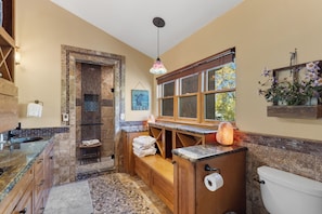 Hair dryer, towels, soap, toilet paper