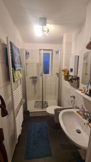 Hair dryer, towels, soap, toilet paper