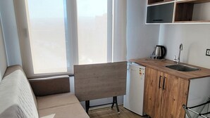 Ein Wohnzimmer mit einem beigen Sofa, einem Holzkabinett mit Waschbecken und einem Fenster mit Blick.