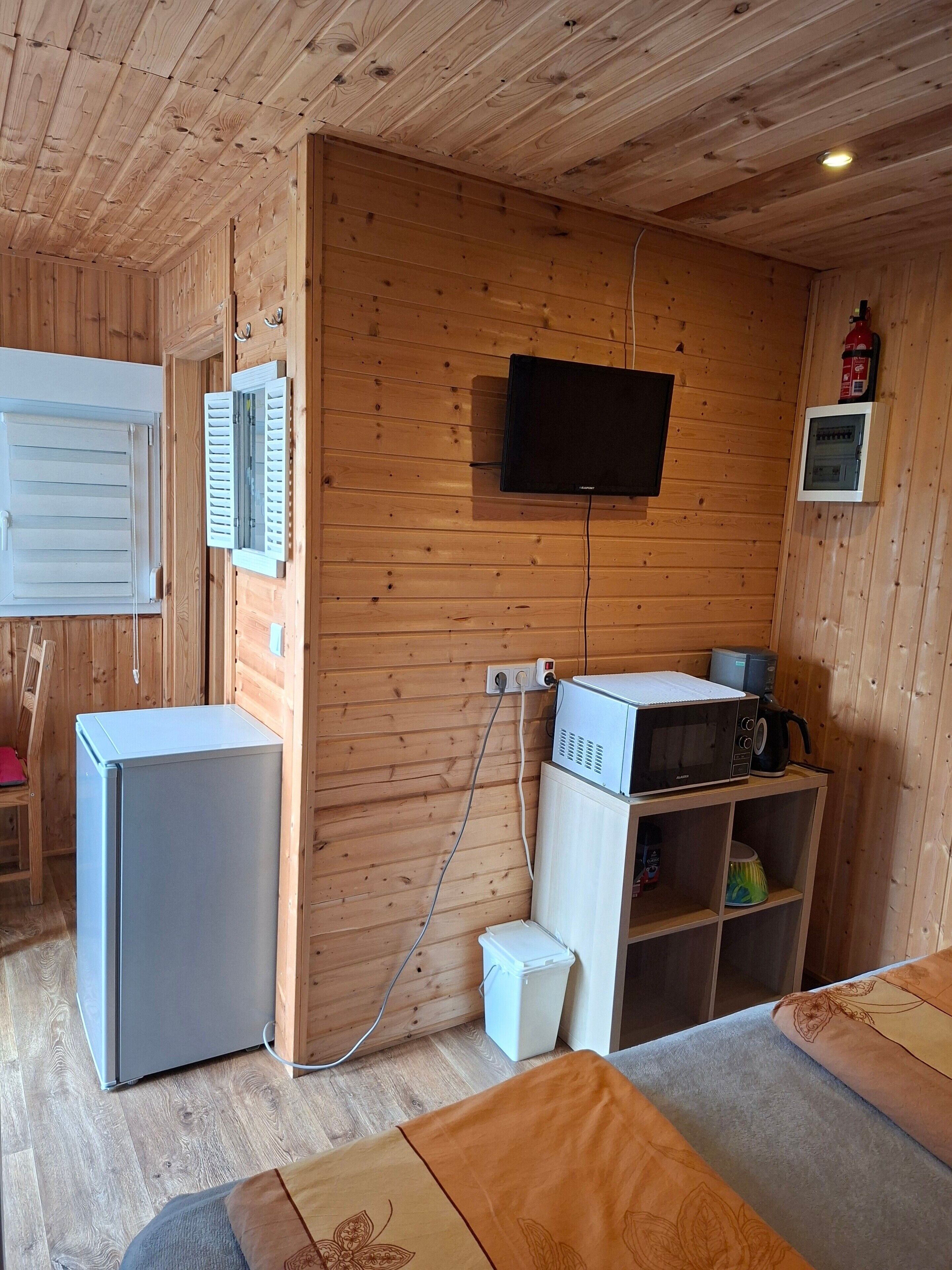 A wooden cabin interior with a television, a refrigerator, a microwave, and a small cabinet.