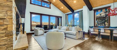 Smart TV, fireplace, music library, video library