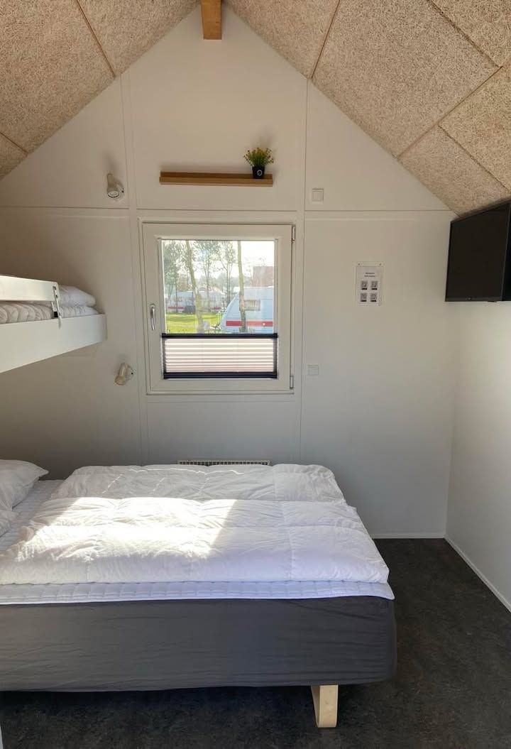 Ein Schlafzimmer mit Etagenbett, Fenster mit Jalousien, einem an der Wand befestigten Fernseher und einem kleinen Regal mit einer Pflanze.