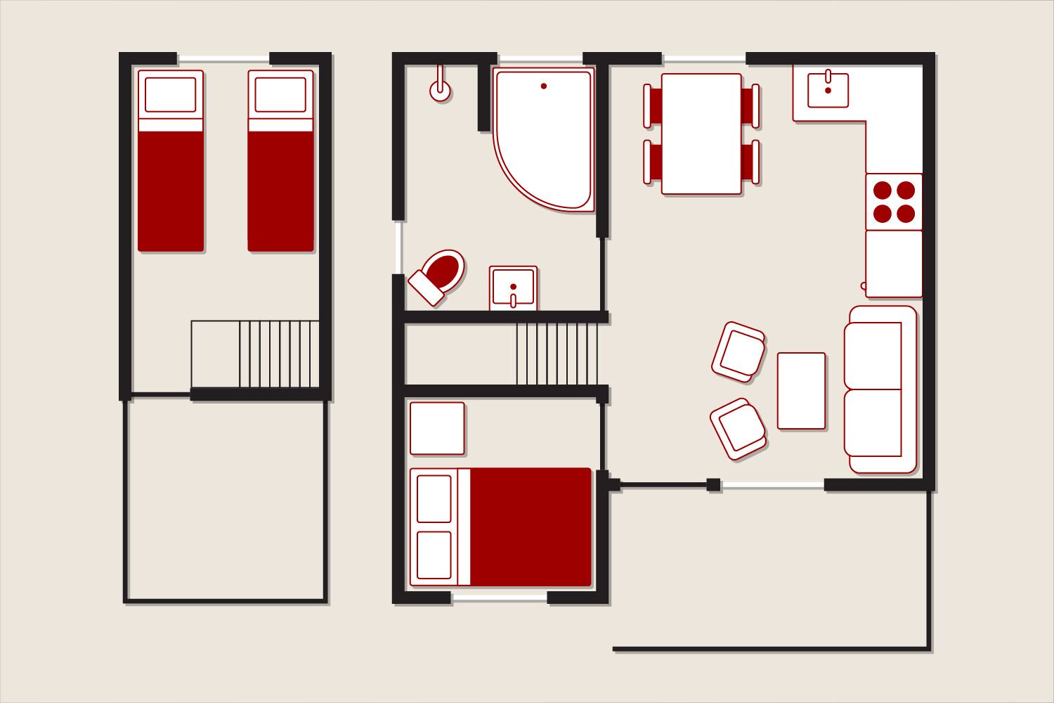 A hotel layout with two bedrooms, a bathroom, a kitchen, and a living area.