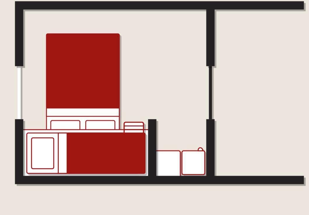Ein Hotelgrundriss mit einem großen zentralen Raum, zwei kleineren Zimmern und einem Flur.