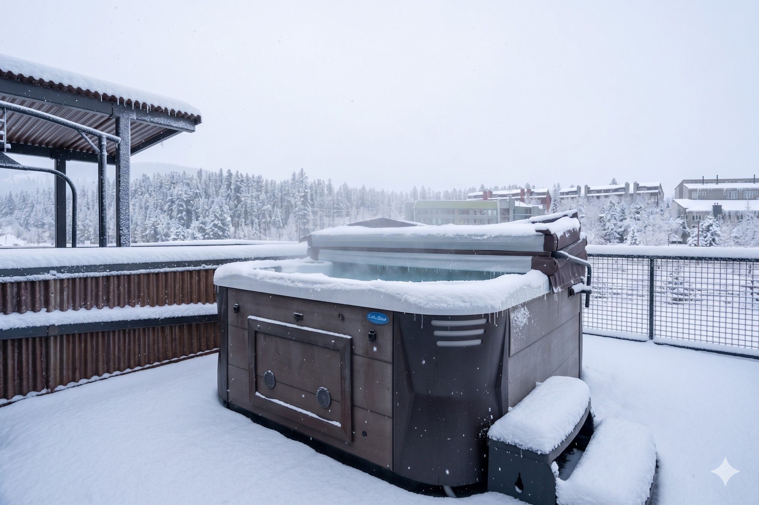 A snow-covered hot tub on a patio with a view of a snowy forest and buildings in the background.