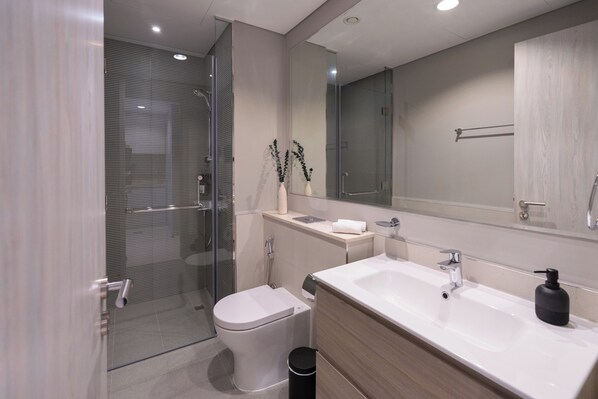 Douche, séchoir à cheveux, bidet, serviettes fournies