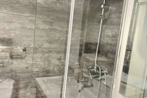 Shower, hair dryer, soap