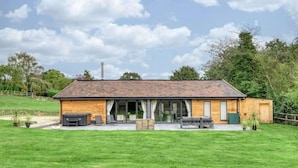 Ein modernes Haus mit großer Terrasse, Schornstein und Rasengarten.