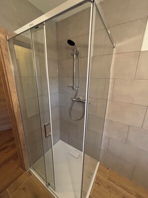 Shower, hair dryer, towels, toilet paper