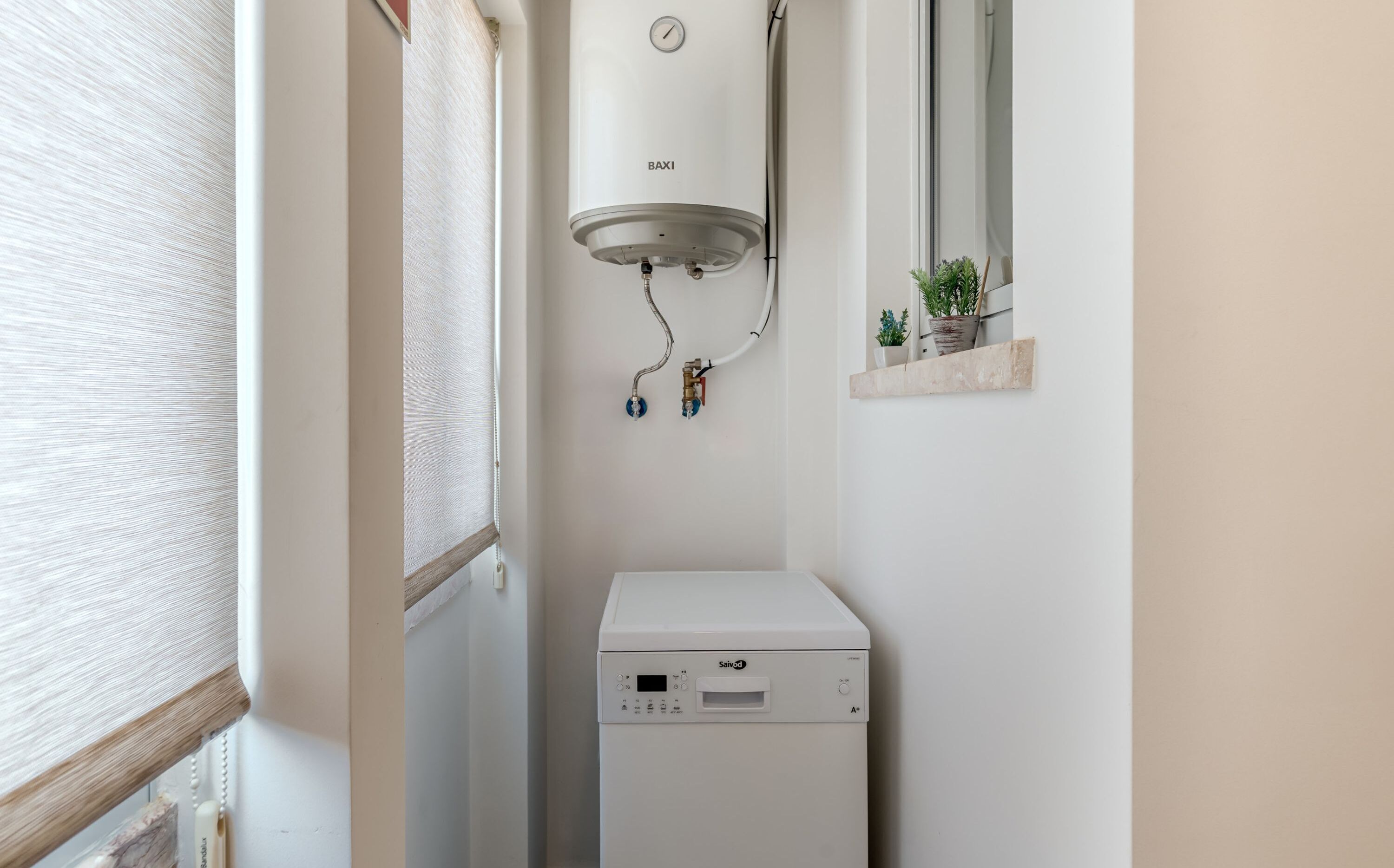 Un baño pequeño con un inodoro blanco, un calentador en la pared y una pequeña repisa con plantas en macetas.