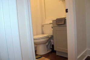 Une petite salle de bain étroite, équipée de toilettes, d’un lave-linge et d’un rideau de douche.