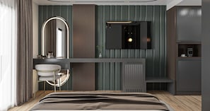 A modern bedroom with a bed, a vanity with a mirror, a television, and built-in cabinetry. - Elite World Comfy Midyat (Midyat)