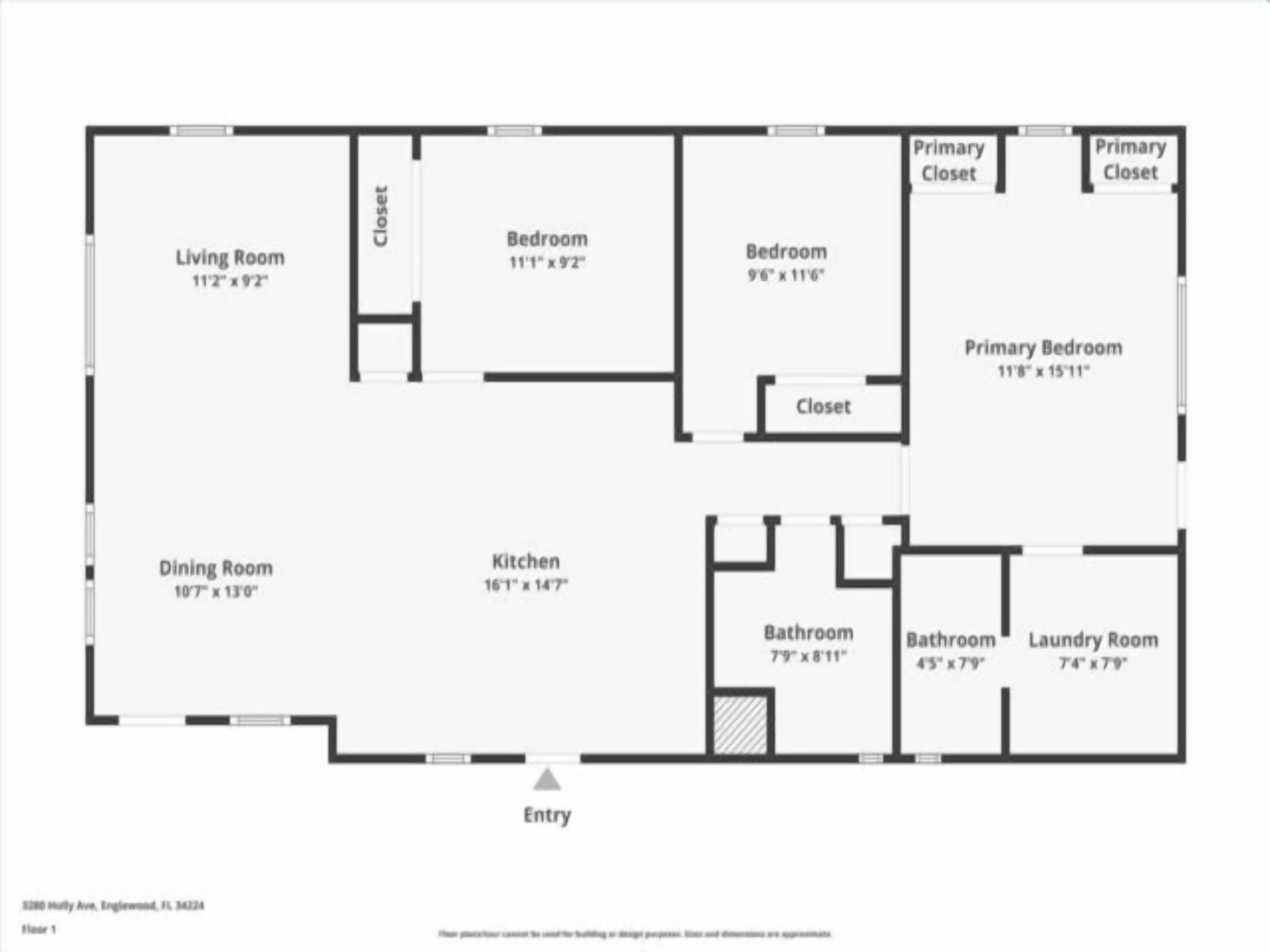 A floor plan of a house with a living room, dining room, kitchen, three bedrooms, two bathrooms, and a laundry room. Entry is at the bottom center.