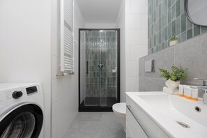 Shower, hair dryer, towels