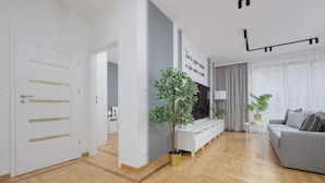 A modern living room with a grey sofa, a white entertainment unit, and a potted plant.