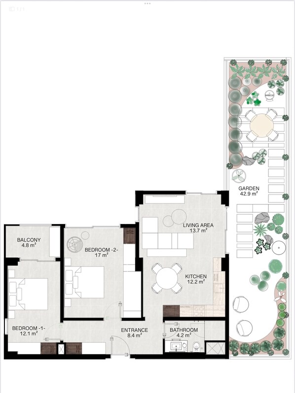 A floor plan of a property with a living area, two bedrooms, a balcony, a kitchen, a bathroom, an entrance, and a garden. - Käsiala Apart Hotel Yeni Foça (Foça)