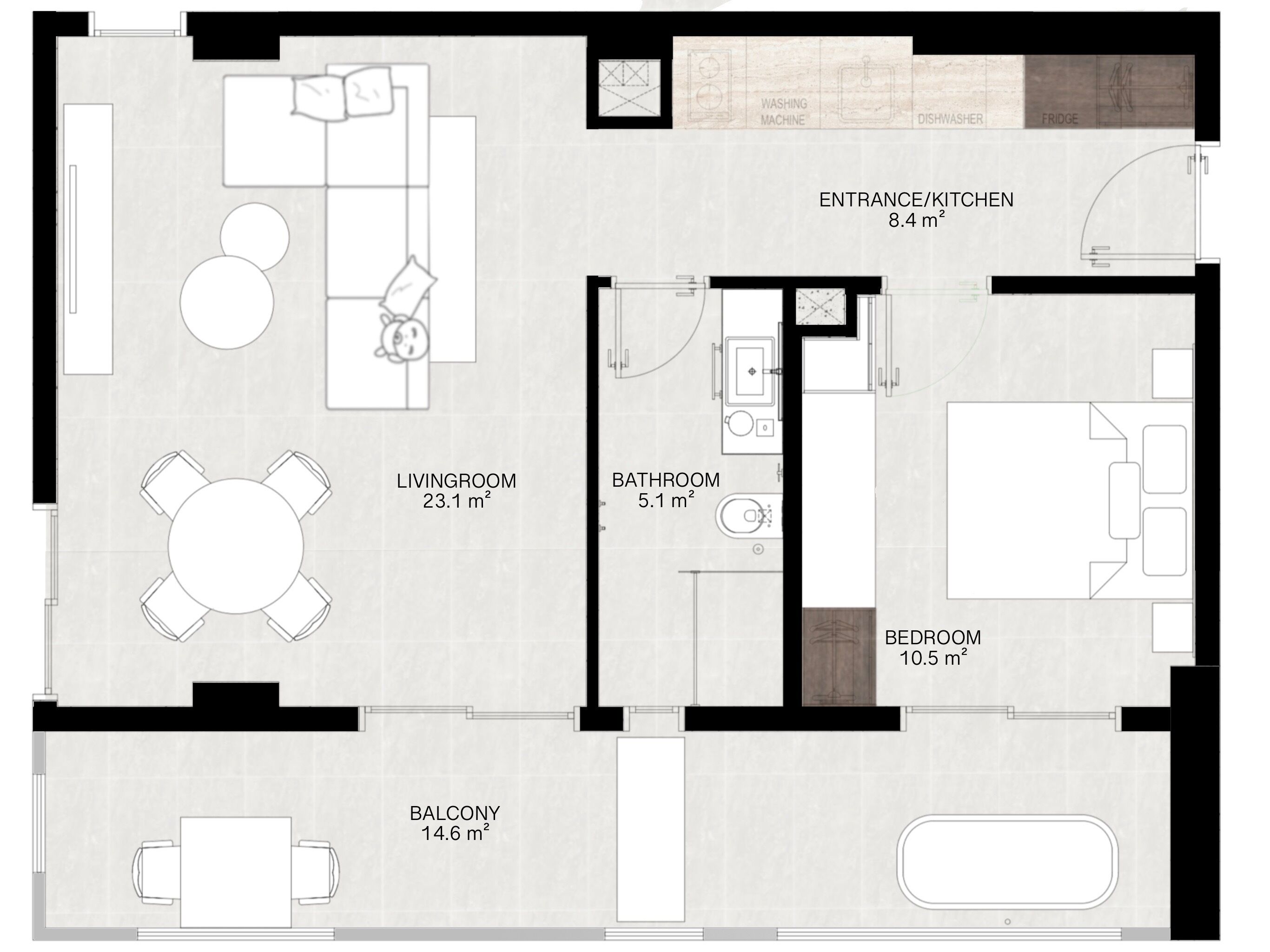 A floor plan of a hotel room with a living room, balcony, bedroom, bathroom, and entrance/kitchen.