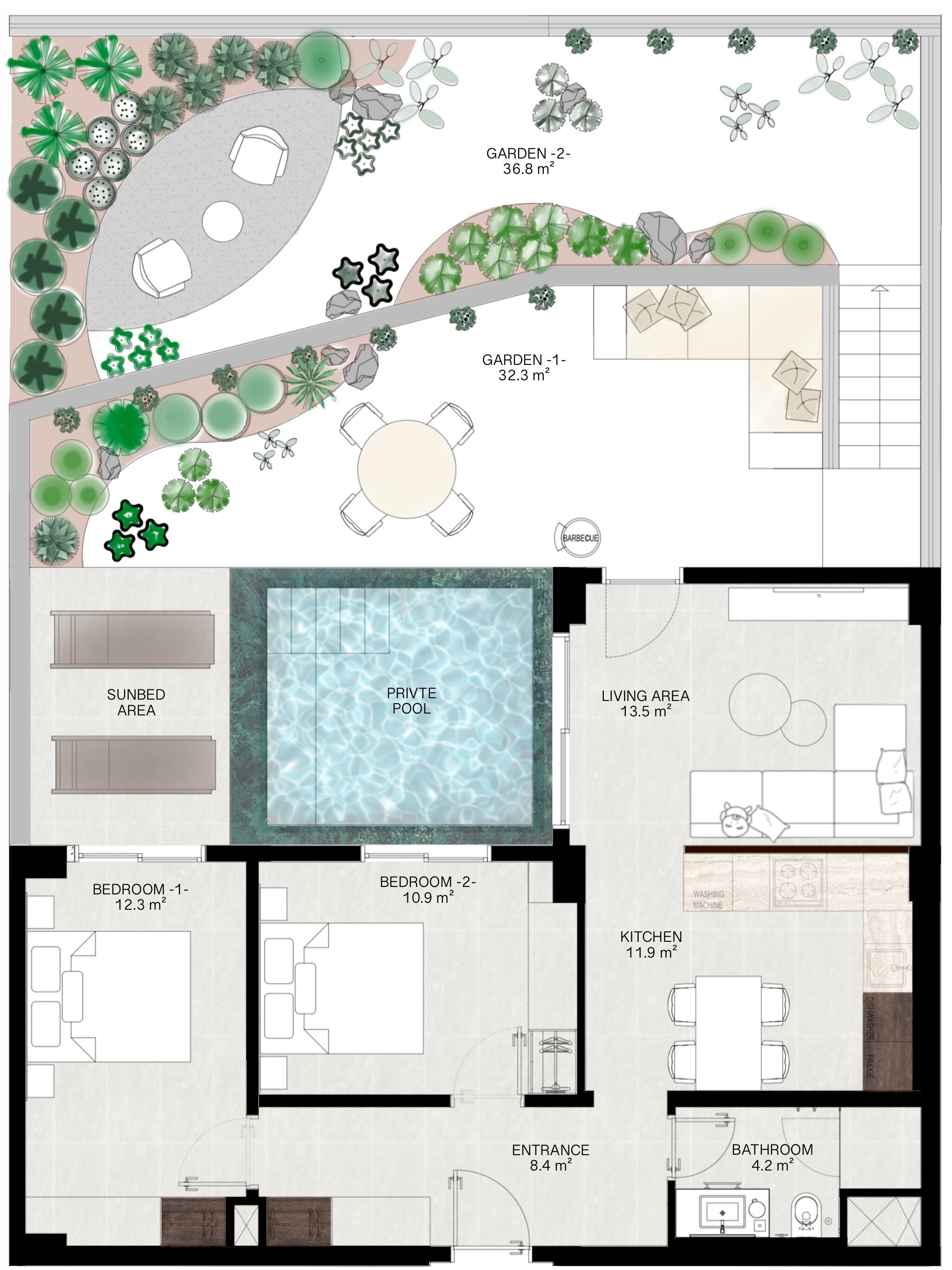 A floor plan with a sunbed area, private pool, two bedrooms, a kitchen, a bathroom, and a living area.