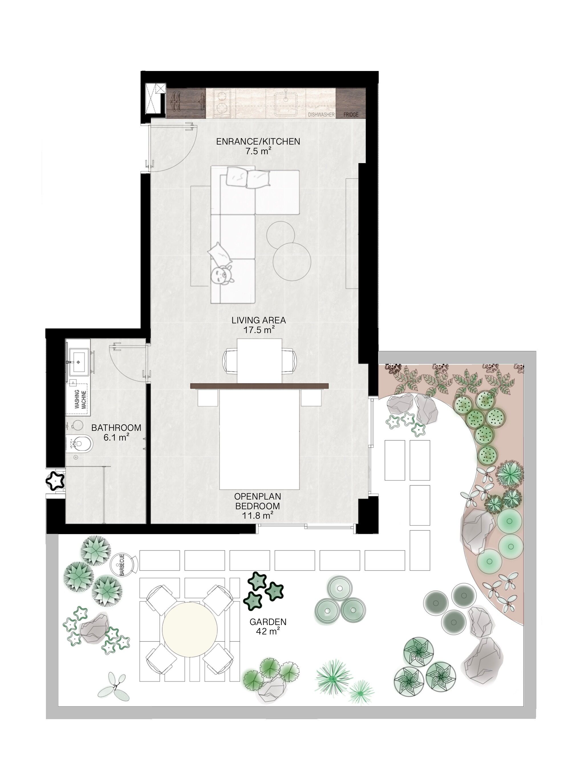A floor plan of a house with an open-plan living area, kitchen, bathroom, open-plan bedroom, and a garden.