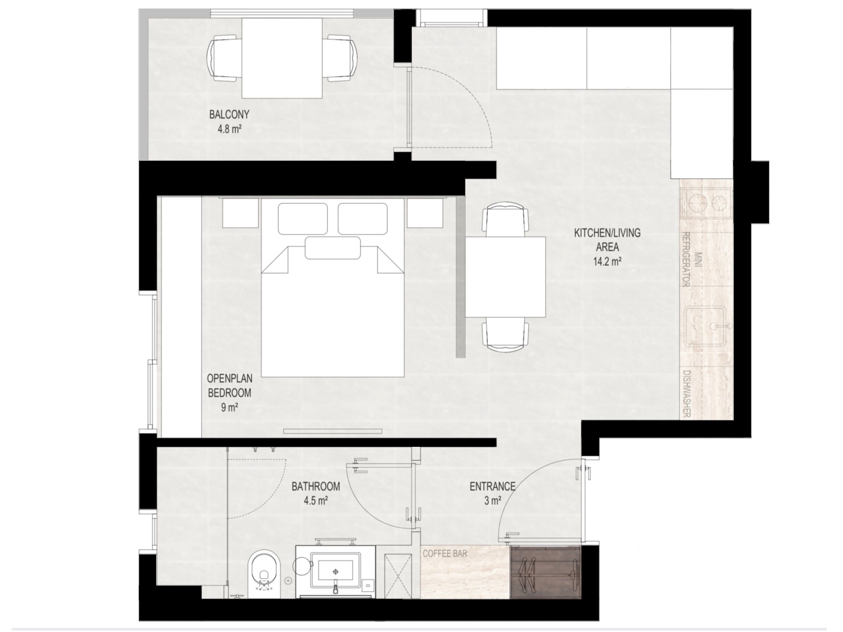 Plano de planta de un hotel con balcón, dormitorio de concepto abierto, cocina-sala, baño y entrada.