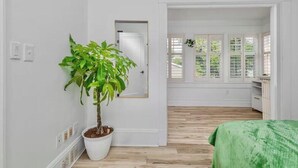 A room with a potted plant, a mirror, and a bed with a green cover. - Victorian house (Sydney)