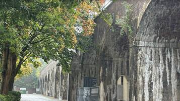 A historic building with arched windows and a brick facade.