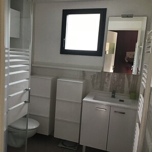 Douche, séchoir à cheveux, serviettes fournies, papier de toilette