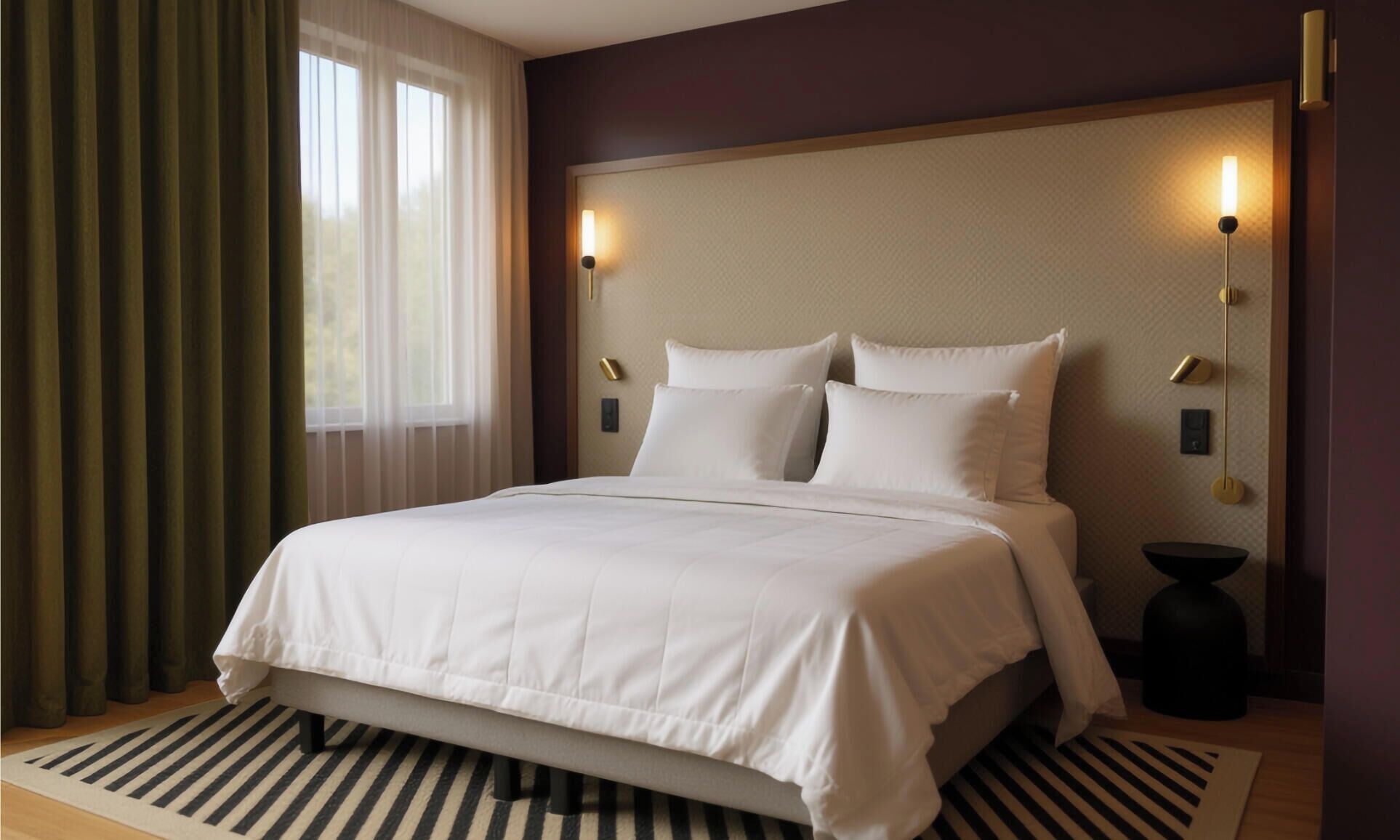 A hotel room with a bed, curtains, a nightstand, and wall-mounted lights.