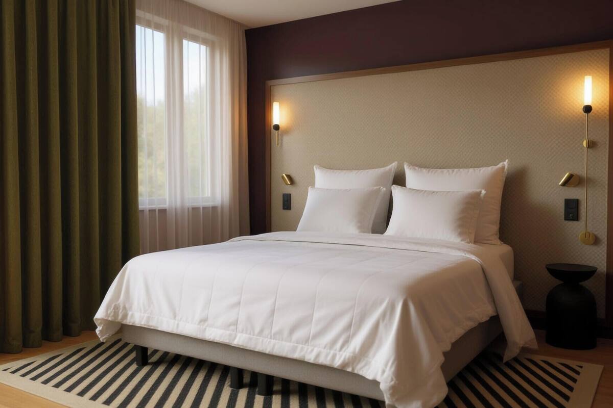 A hotel room with a bed, curtains, a nightstand, and wall-mounted lights.