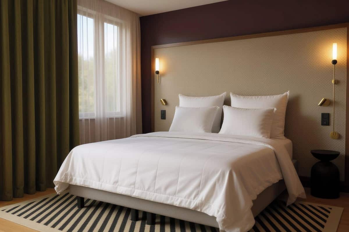 Ein Hotelzimmer mit Bett, Vorhängen, Nachttisch und Wandleuchten.