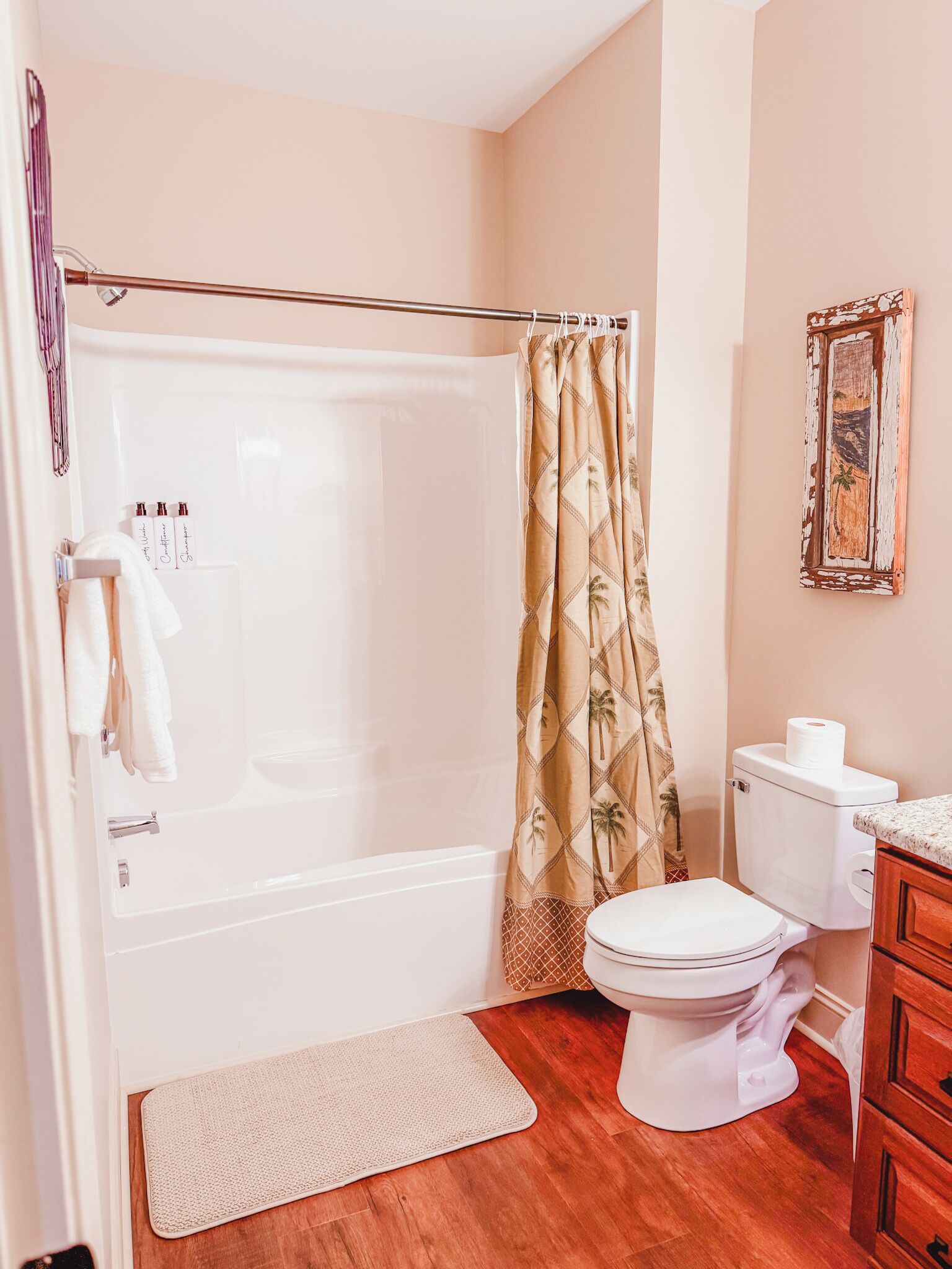 Shower, jetted tub, hair dryer, towels