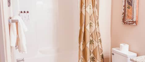 Shower, jetted tub, hair dryer, towels