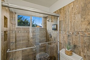 Hair dryer, towels, soap, toilet paper