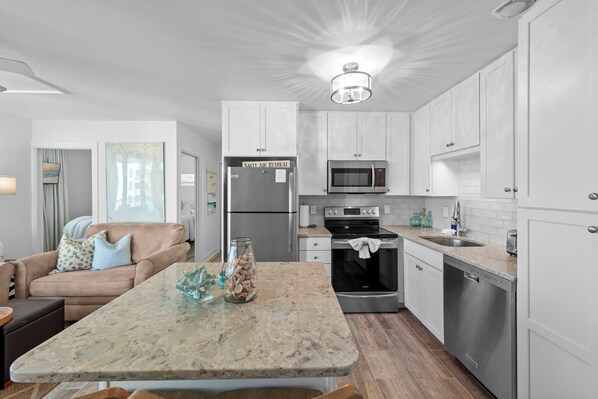 Fridge, microwave, oven, stovetop