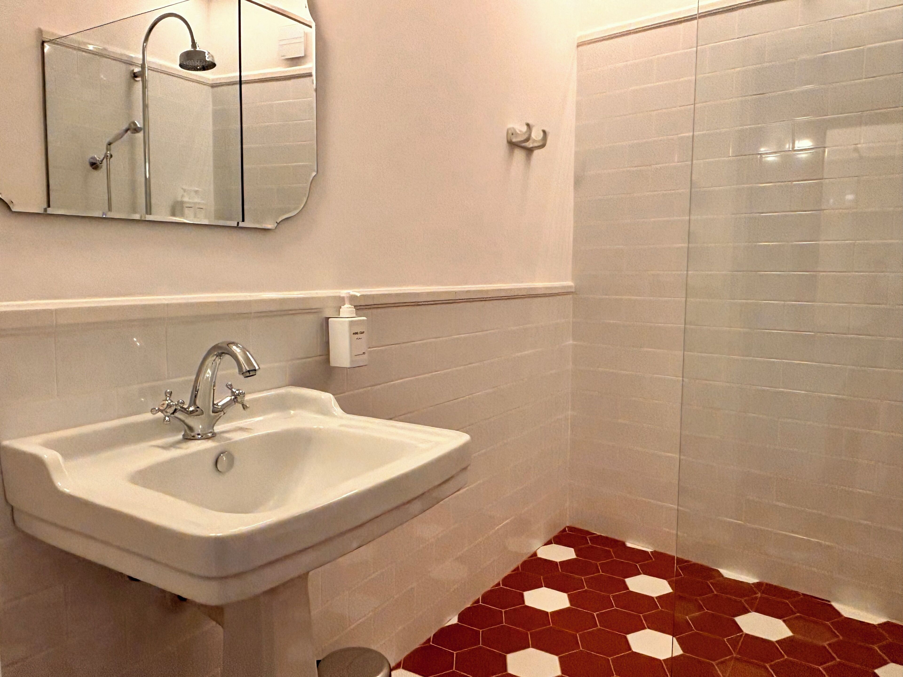 Un baño con lavamanos, espejo y ducha.