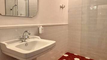 Un baño con lavamanos, espejo y ducha.