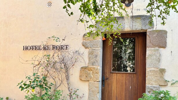 Un edificio de piedra con una puerta de madera y macetas con plantas.