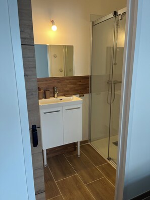 Douche, séchoir à cheveux, serviettes fournies, savon